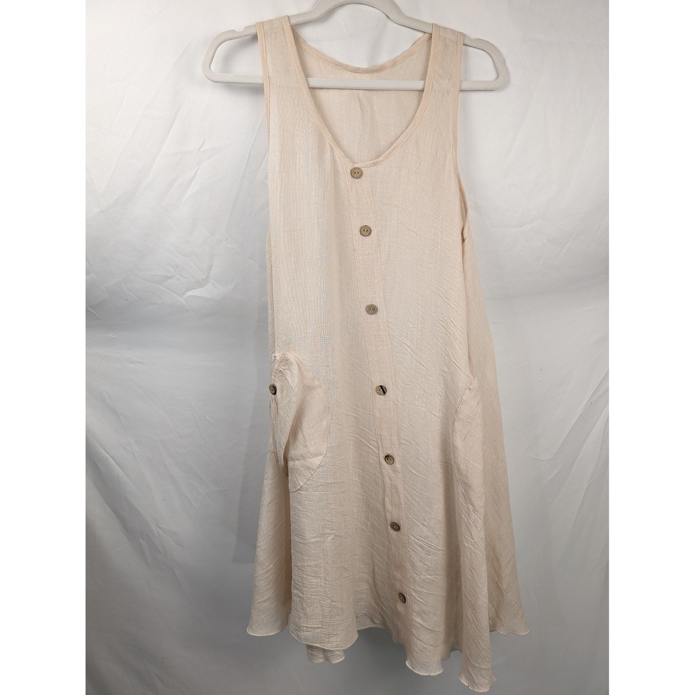 Lagenlook Button Pockets Midi Dress Size M Tan Textured Boho Cottagecore Coastal - Picture 2 of 9